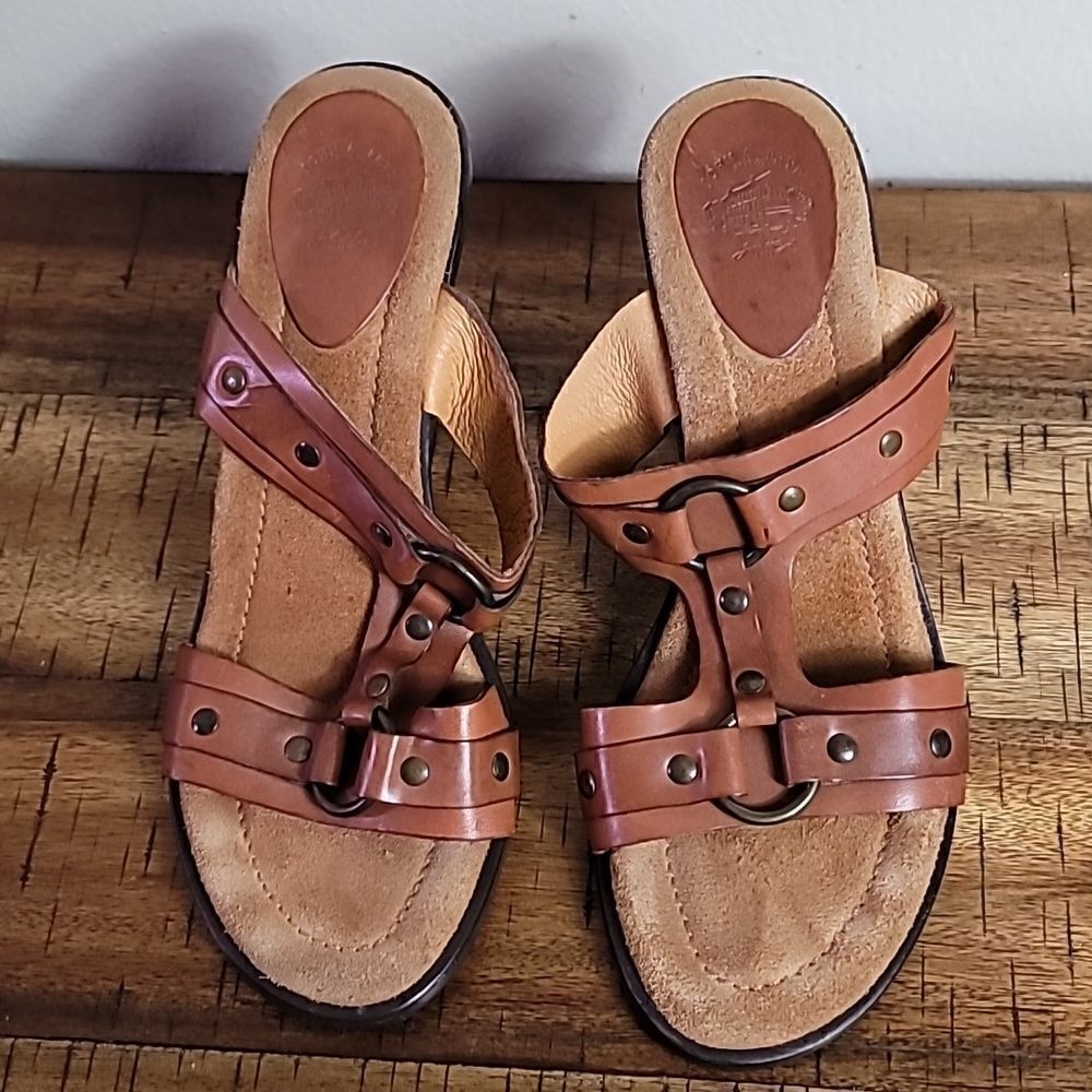 John A Frye Elvira Brown Studded Leather Slip On Heel Sandals